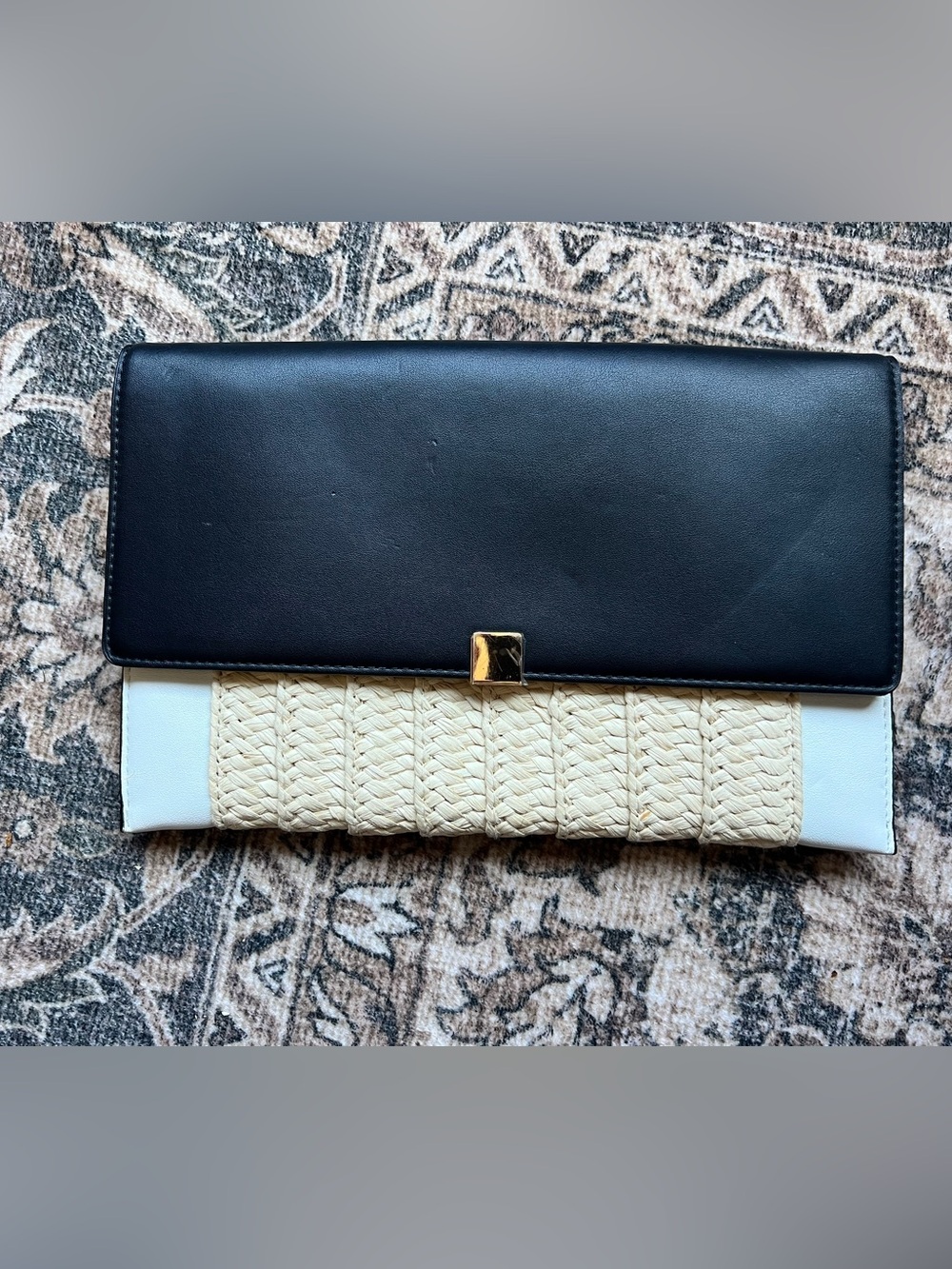Black and Cream Woven Fold-Over Clutch